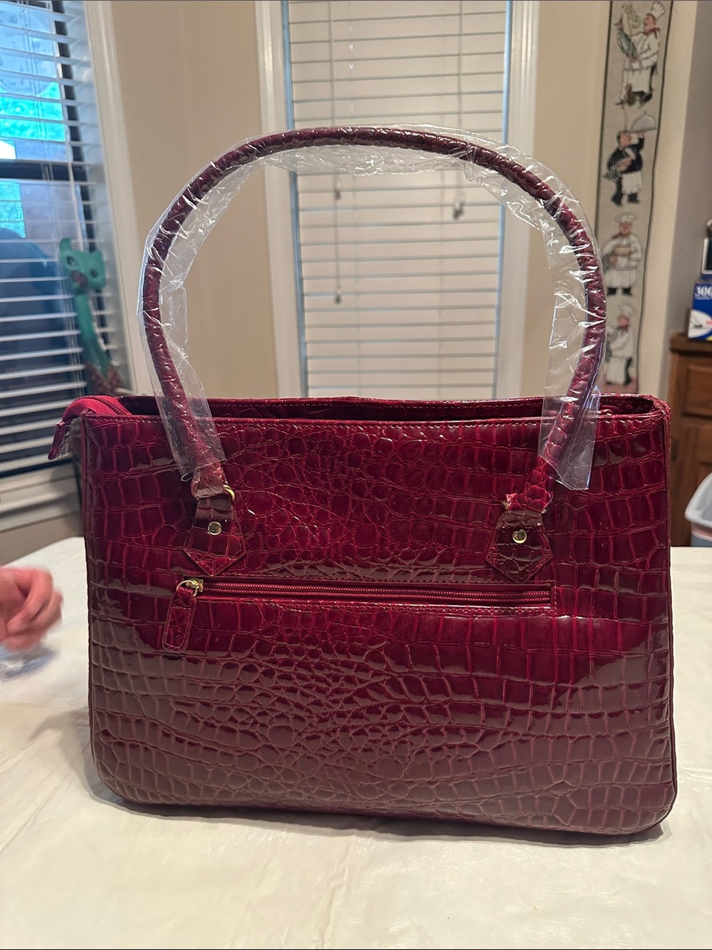 Red Croc-Embossed Structured Tote Handbag